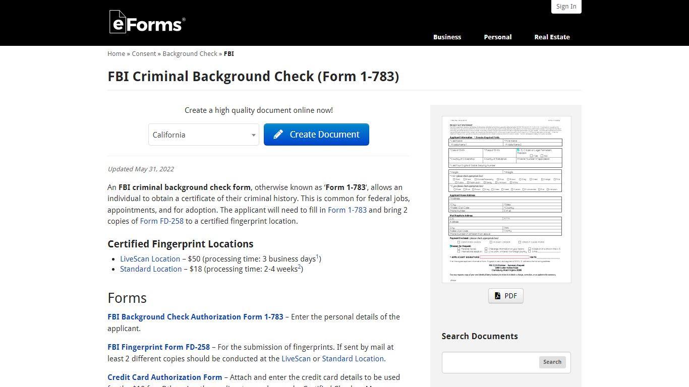 Free FBI Criminal Background Check (Form 1-783) - PDF – eForms
